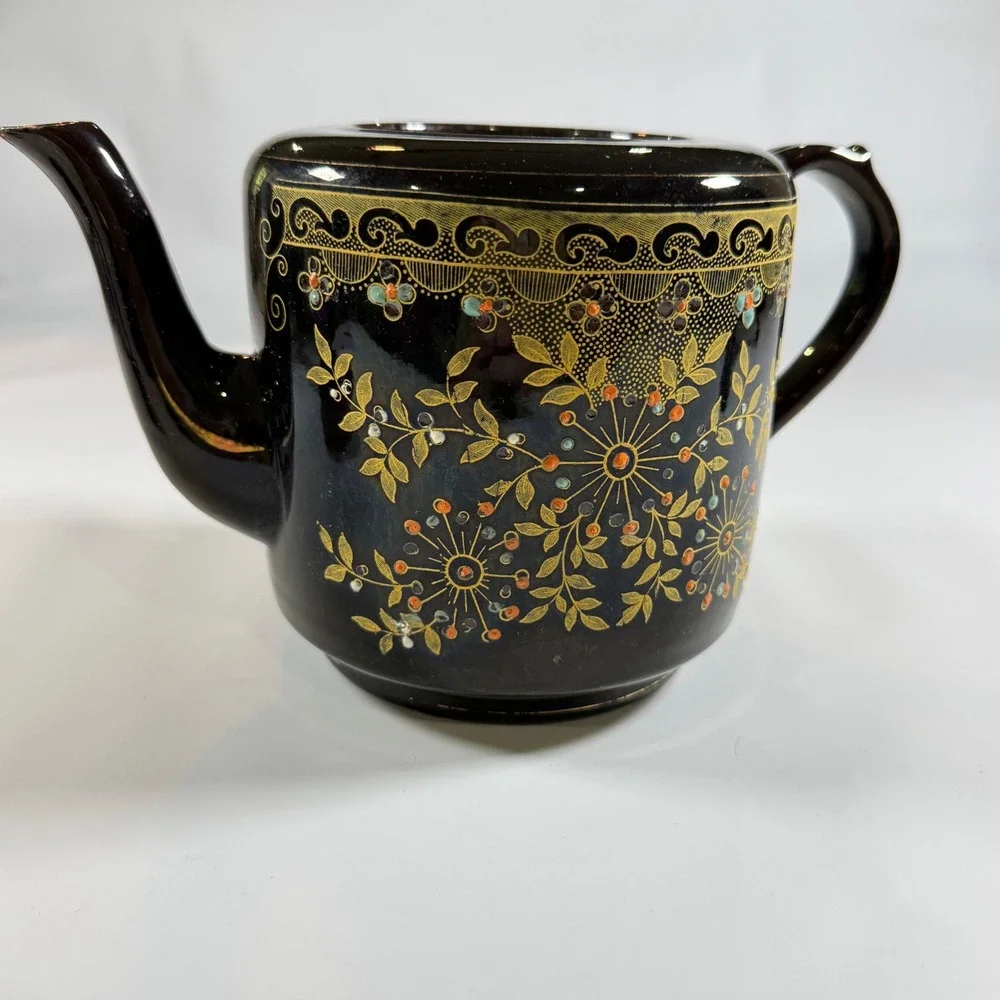 VTG Lingard Webster &‎ Co Teapot Tunstall England Black Gold Floral Chinoiserie